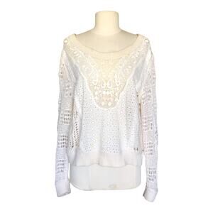 Women's Boho White Crochet Knit Lace Sweater Pullover Eyelet Long Sleeve Top